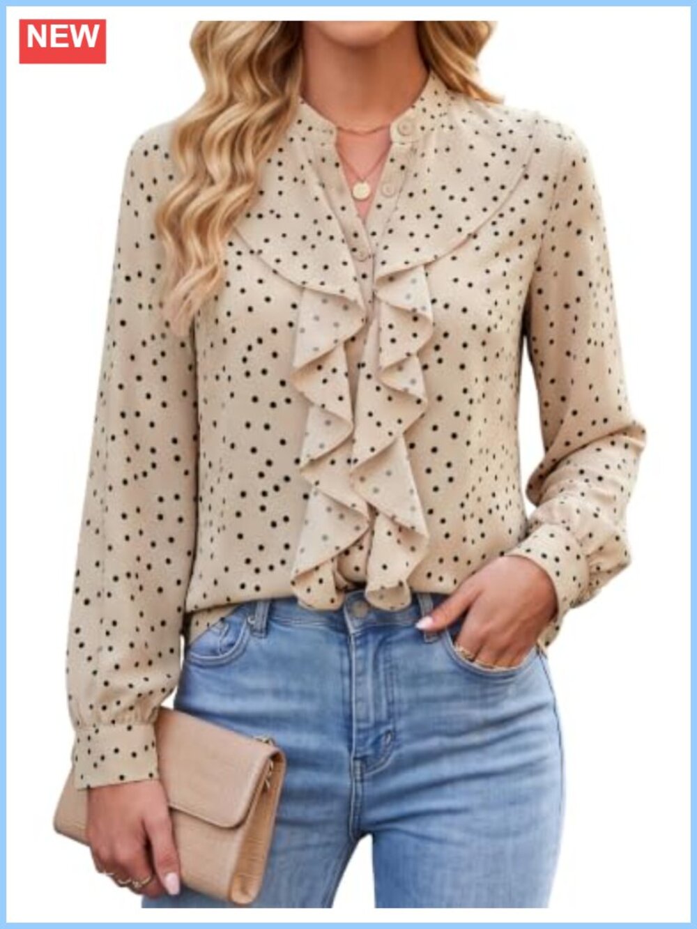 Blooming Jelly Polka Dot Ruffle Button Down Blouse Long Sleeve V-Neck
